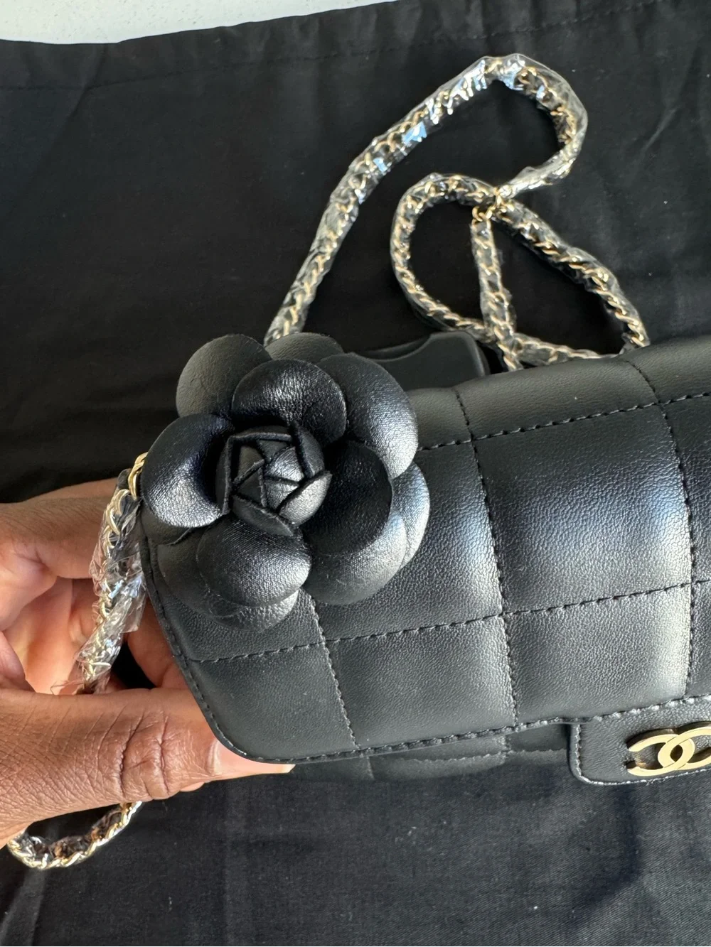 Authentic  CHANEL Mini Chocolate Bar Camellia Chain Lambskin Shoulder Bag